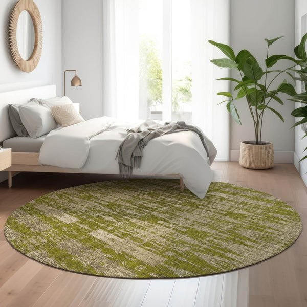HomeRoots 8' Olive Green and Beige Moroccan Round Rug - Washable, UV Protection, Ideal for High-Traffic Areas 650215