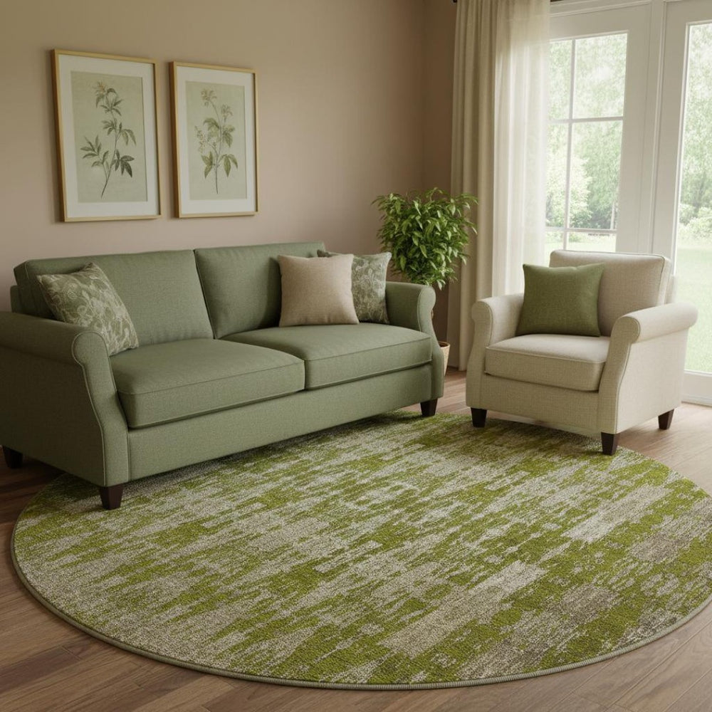 HomeRoots 8' Olive Green and Beige Moroccan Round Rug - Washable, UV Protection, Ideal for High-Traffic Areas 650215