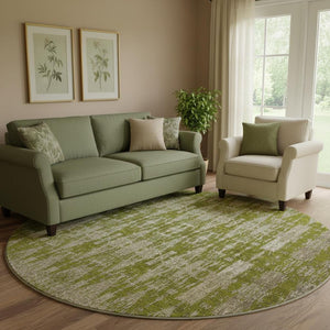 HomeRoots 8' Olive Green and Beige Moroccan Round Rug - Washable, UV Protection, Ideal for High-Traffic Areas 650215