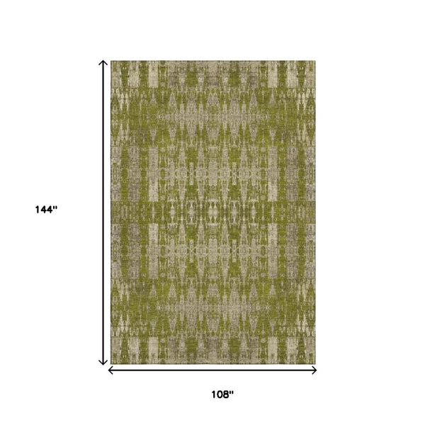 HomeRoots 9' X 12' Olive Green & Beige Moroccan Area Rug - Washable, UV-Protected, Pet-Friendly Comfort 650217