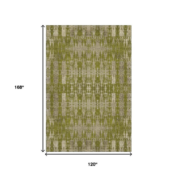 HomeRoots 10' X 14' Olive Green & Beige Moroccan Area Rug – Washable, UV Protected, Durable for High-Traffic Homes 650218