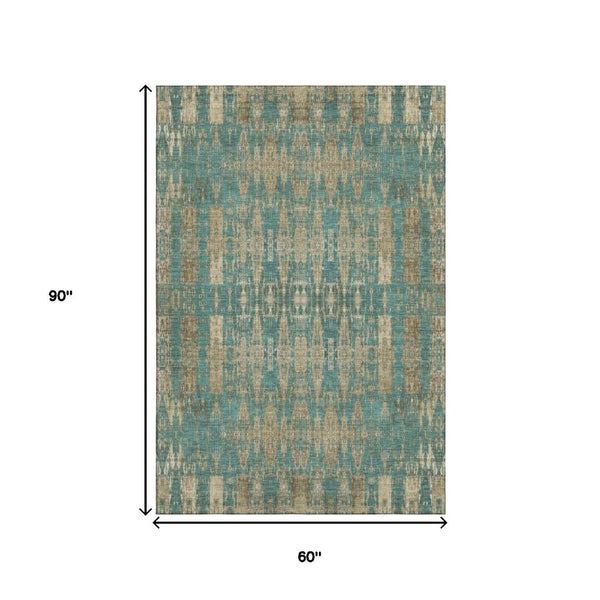 HomeRoots 5' X 8' Teal and Beige Moroccan Area Rug - Washable, UV Protected, Perfect for Homes with Kids & Pets! 650226