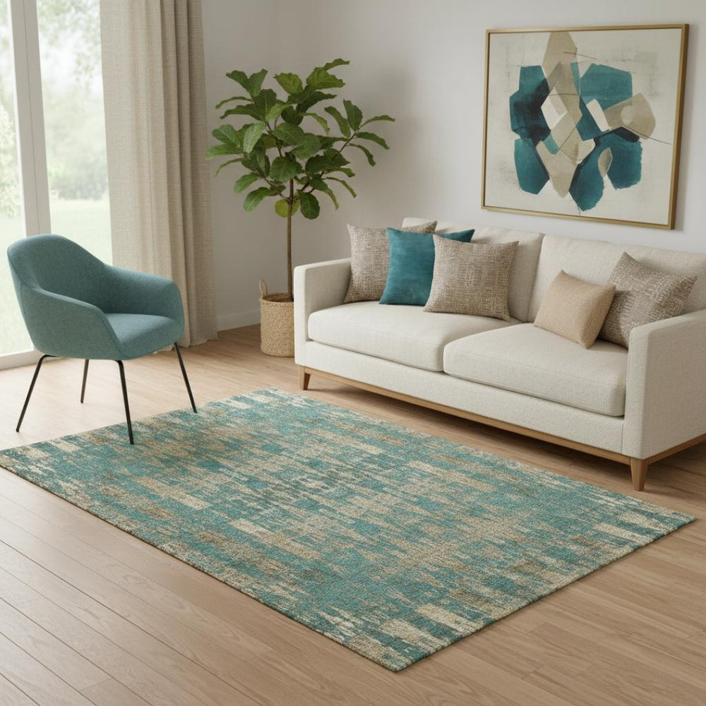 HomeRoots 5' X 8' Teal and Beige Moroccan Area Rug - Washable, UV Protected, Perfect for Homes with Kids & Pets! 650226