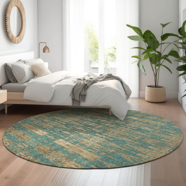 HomeRoots 8' Teal and Beige Moroccan Washable Round Rug - Durable, Soft, UV-Protected, Perfect for Any Space! 650227