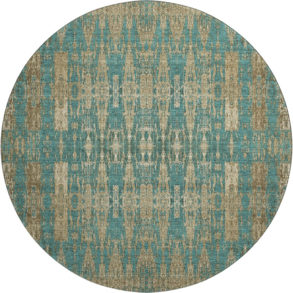HomeRoots 8' Teal and Beige Moroccan Washable Round Rug - Durable, Soft, UV-Protected, Perfect for Any Space! 650227