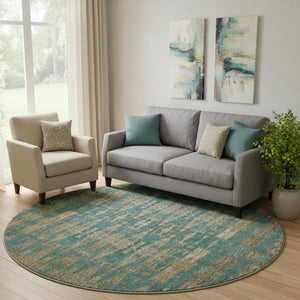 HomeRoots 8' Teal and Beige Moroccan Washable Round Rug - Durable, Soft, UV-Protected, Perfect for Any Space! 650227
