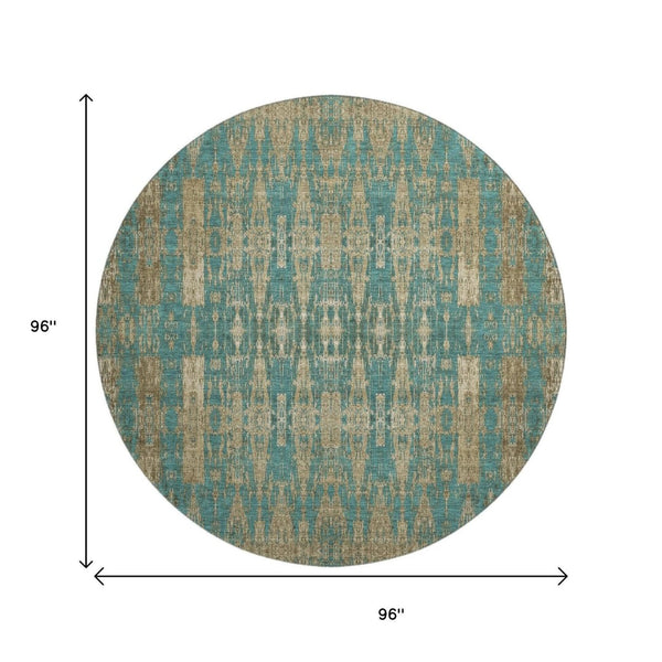 HomeRoots 8' Teal and Beige Moroccan Washable Round Rug - Durable, Soft, UV-Protected, Perfect for Any Space! 650227