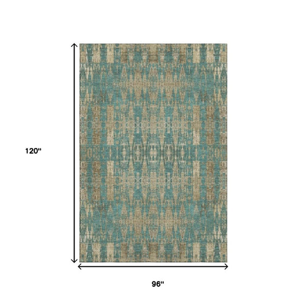 HomeRoots 8' X 10' Teal and Beige Moroccan Area Rug - Durable, Washable, UV-Protected for Stylish Living Spaces 650228