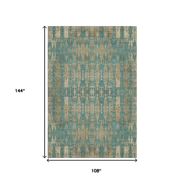 HomeRoots 9' X 12' Teal And Beige Moroccan Area Rug - Washable, Stain-Resistant, UV Protected for Durability! 650229