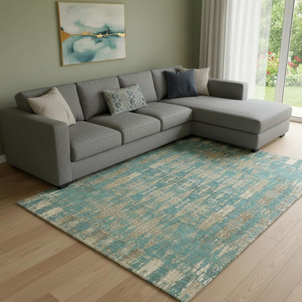 HomeRoots 9' X 12' Teal And Beige Moroccan Area Rug - Washable, Stain-Resistant, UV Protected for Durability! 650229