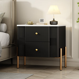 English Elm Christopher Knight Home® - Modern Fluted Nightstand with Two Drawers and Gold Legs, Sleek Textured Bedside Table for Stylish Storage and Easy Cleaning Black 23 L x 18 W x 18 H N761P285710B