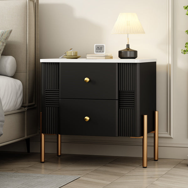 English Elm Christopher Knight Home® - Modern Fluted Nightstand with Two Drawers and Gold Legs, Sleek Textured Bedside Table for Stylish Storage and Easy Cleaning Black 23 L x 18 W x 18 H N761P285710B