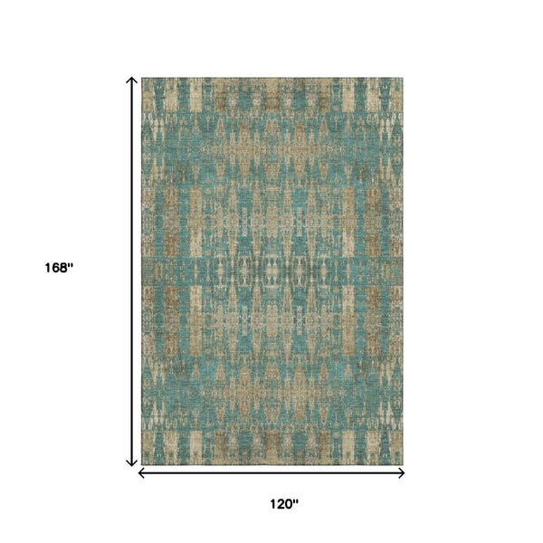 HomeRoots 10' X 14' Teal & Beige Moroccan Area Rug - Washable, Stain Resistant, UV Protected for Busy Homes 650230
