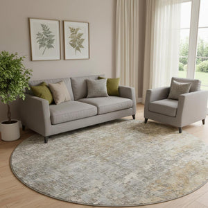 HomeRoots 8' Beige and Gray Abstract Washable Round Rug - Durable, Stylish, UV-Protected for High-Traffic Areas 650233