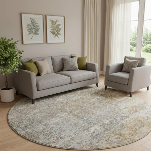 HomeRoots 8' Beige and Gray Abstract Washable Round Rug - Durable, Stylish, UV-Protected for High-Traffic Areas 650233