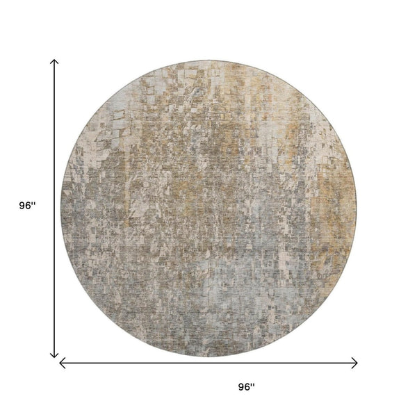HomeRoots 8' Beige and Gray Abstract Washable Round Rug - Durable, Stylish, UV-Protected for High-Traffic Areas 650233