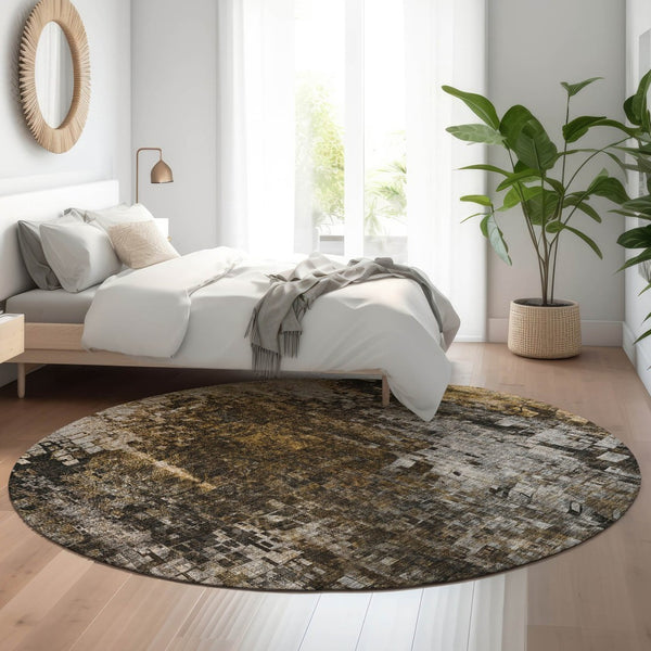 HomeRoots 8' Brown And Gray Abstract Washable Round Rug – Durable, UV-Protected, Stain Resistant for Modern Spaces 650239