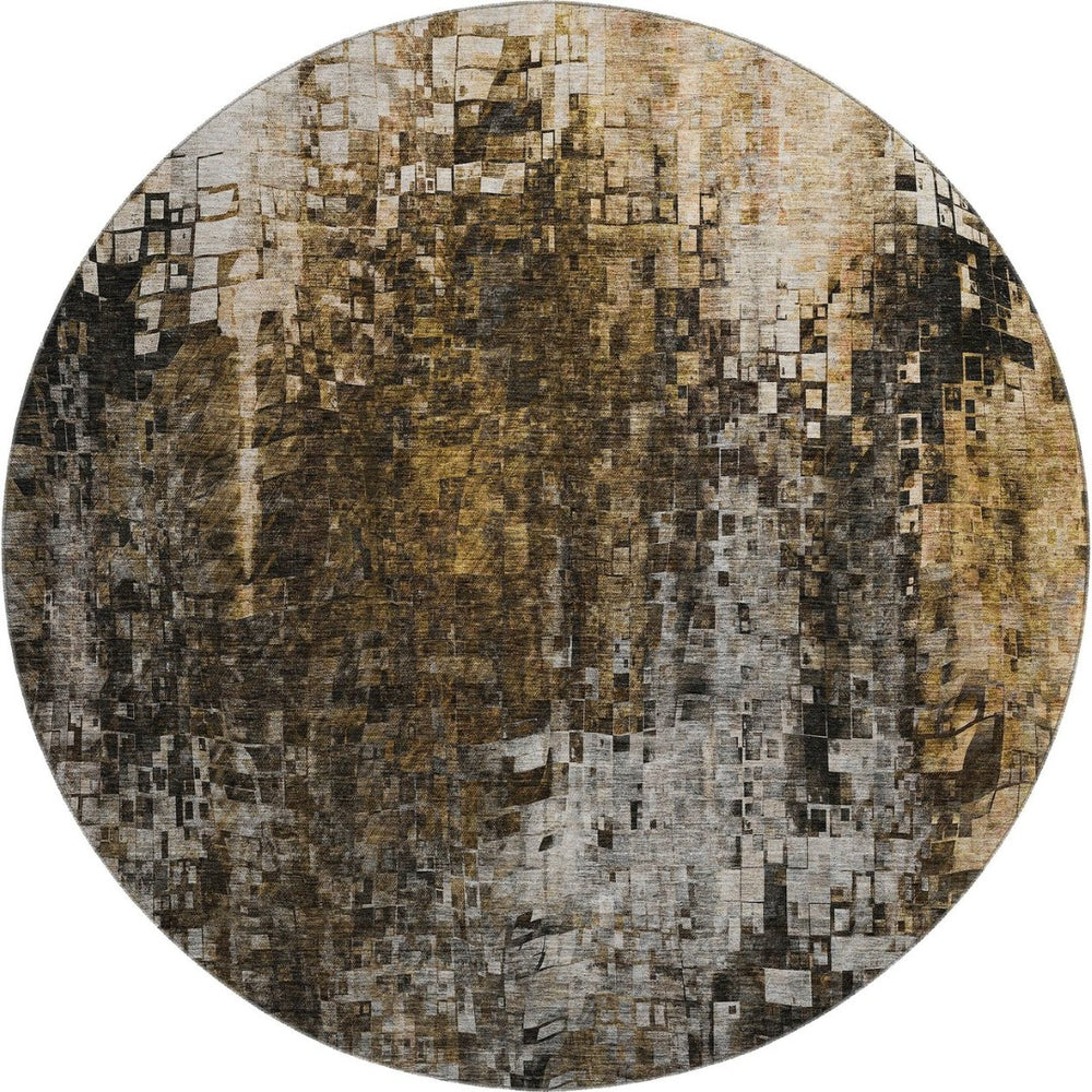 HomeRoots 8' Brown And Gray Abstract Washable Round Rug – Durable, UV-Protected, Stain Resistant for Modern Spaces 650239