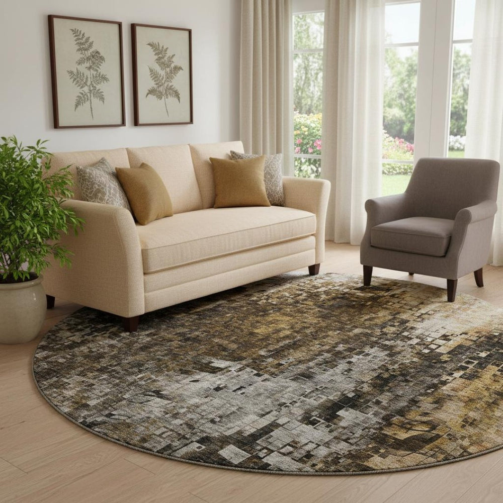 HomeRoots 8' Brown And Gray Abstract Washable Round Rug – Durable, UV-Protected, Stain Resistant for Modern Spaces 650239
