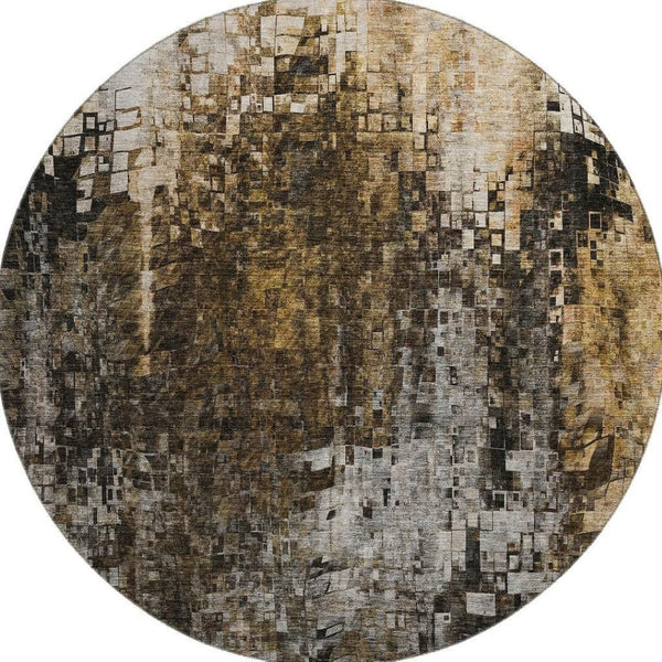HomeRoots 8' Brown And Gray Abstract Washable Round Rug – Durable, UV-Protected, Stain Resistant for Modern Spaces 650239
