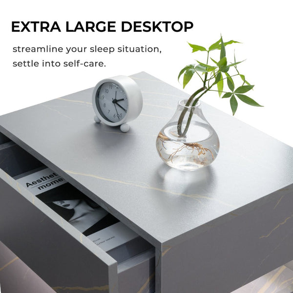 English Elm Led Nightstand with Rgb Acrylic Glow Panel Three Drawers Walnut Bedroom Table Grey+Gold W2178P412302