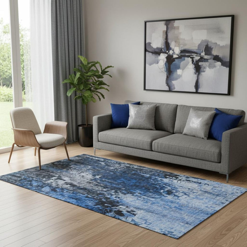 HomeRoots 5' Blue & Gray Abstract Washable Area Rug – UV Protected, Stain-Resistant, Durable for High-Traffic Areas 650244
