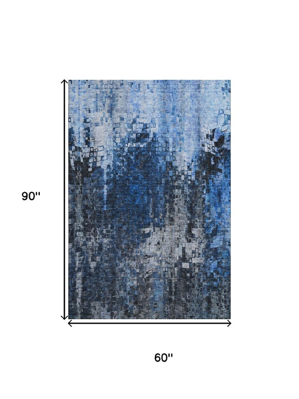 HomeRoots 5' Blue & Gray Abstract Washable Area Rug – UV Protected, Stain-Resistant, Durable for High-Traffic Areas 650244
