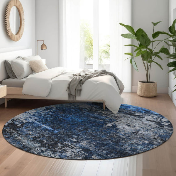 HomeRoots 8' Blue and Gray Abstract Washable Round Rug - UV Protected, Stain Resistant, Perfect for Busy Homes 650245