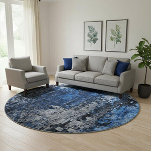 HomeRoots 8' Blue and Gray Abstract Washable Round Rug - UV Protected, Stain Resistant, Perfect for Busy Homes 650245