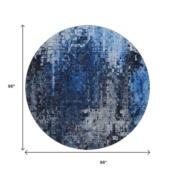 HomeRoots 8' Blue and Gray Abstract Washable Round Rug - UV Protected, Stain Resistant, Perfect for Busy Homes 650245