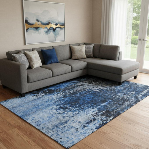 HomeRoots 8' x 10' Blue and Gray Abstract Area Rug – Washable, UV-Protected, Durable Design for Busy Homes 650246