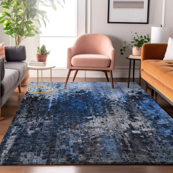 HomeRoots 9' X 12' Blue and Gray Abstract Washable Area Rug - Modern Design with UV Protection for Durability 650247
