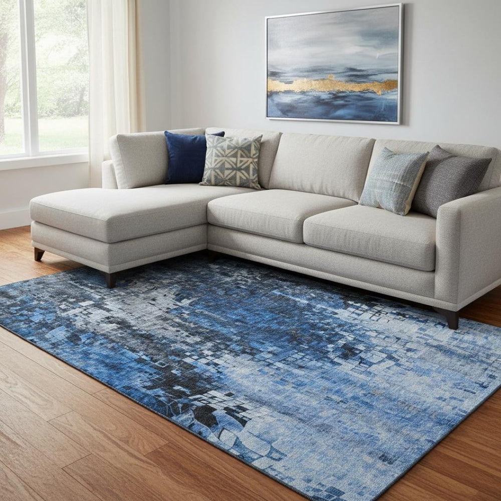 HomeRoots 9' X 12' Blue and Gray Abstract Washable Area Rug - Modern Design with UV Protection for Durability 650247