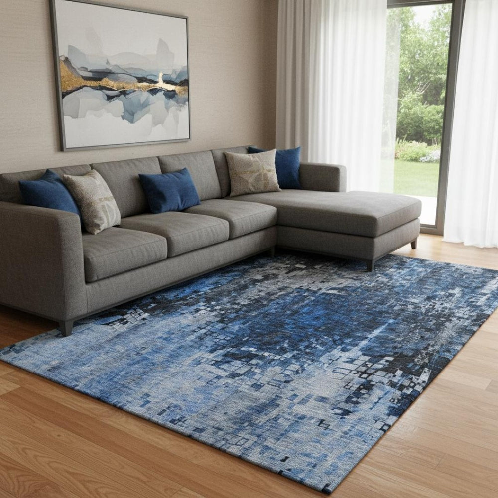 HomeRoots 10' X 14' Blue and Gray Abstract Area Rug – Stylish, Washable, UV-Protected for High-Traffic Areas 650248