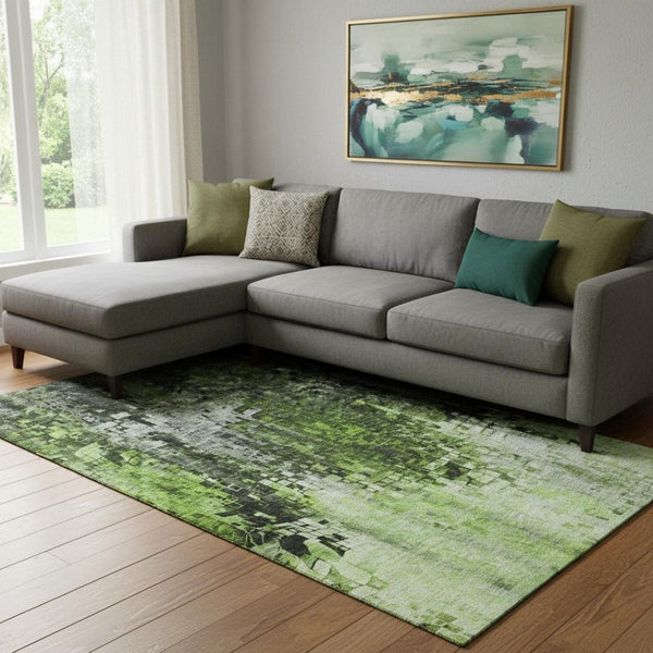 HomeRoots 9' X 12' Green and Gray Abstract Area Rug - Washable, UV Protected, Stain Resistant, Durable Design 650253