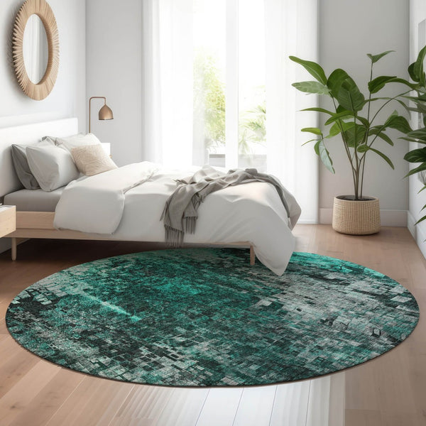 HomeRoots 8' Modern Teal and Gray Abstract Washable Round Rug - Durable, UV Protected, Ideal for High-Traffic Areas 650257