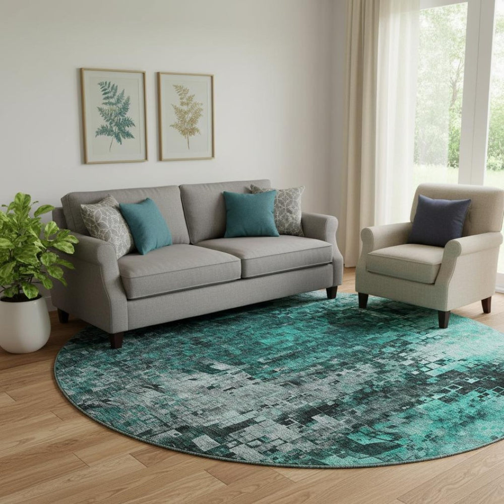 HomeRoots 8' Modern Teal and Gray Abstract Washable Round Rug - Durable, UV Protected, Ideal for High-Traffic Areas 650257