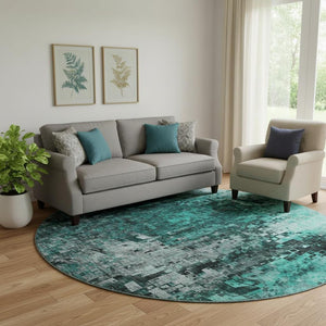 HomeRoots 8' Modern Teal and Gray Abstract Washable Round Rug - Durable, UV Protected, Ideal for High-Traffic Areas 650257