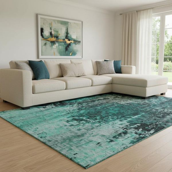 HomeRoots 8' X 10' Teal And Gray Abstract Washable Area Rug - Durable, Stylish, Stain-Resistant, UV Protected! 650258