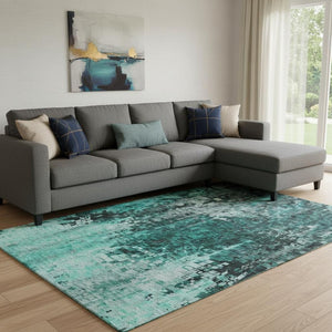 HomeRoots 9' X 12' Teal and Gray Abstract Washable Area Rug - Stylish, Durable, UV-Protected for Busy Homes 650259