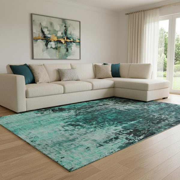 HomeRoots 10' X 14' Teal And Gray Abstract Washable Area Rug - UV Protected, Stain-Resistant, Modern Design 650260
