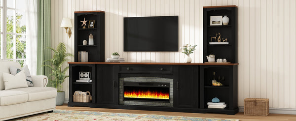 English Elm 3-piece Farmhouse Entertainment Center with Curved Cabinets Walnut Mdf Modular Living Room Black N721S000072B