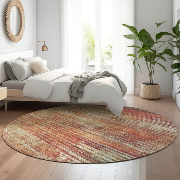 HomeRoots 8' Chili Red Striped Washable Round Rug with UV Protection - Durable, Stain-Resistant, Easy Care! 650269