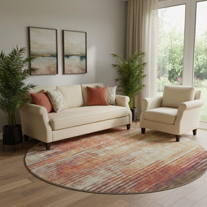 HomeRoots 8' Chili Red Striped Washable Round Rug with UV Protection - Durable, Stain-Resistant, Easy Care! 650269