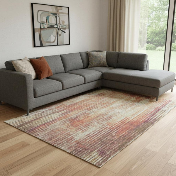 HomeRoots 9' X 12' Chili Red & Ivory Striped Washable Area Rug with UV Protection for High-Traffic Spaces 650271