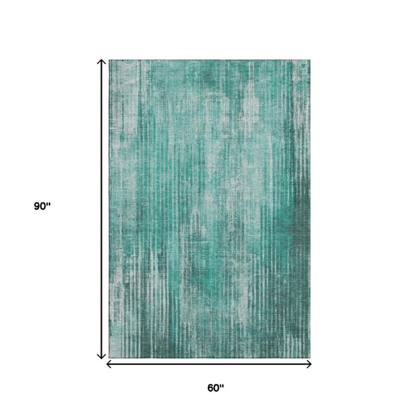 HomeRoots 5' X 8' Teal & Ivory Striped Area Rug – Washable, UV-Protected, Durable for Homes with Kids & Pets 650274