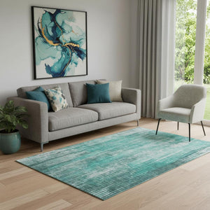 HomeRoots 5' X 8' Teal & Ivory Striped Area Rug – Washable, UV-Protected, Durable for Homes with Kids & Pets 650274
