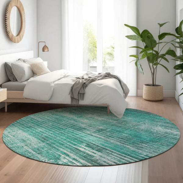 HomeRoots 8' Teal And Ivory Striped Round Rug - Washable, UV Protected, Stylish & Durable for Any Space 650275