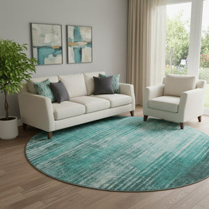 HomeRoots 8' Teal And Ivory Striped Round Rug - Washable, UV Protected, Stylish & Durable for Any Space 650275