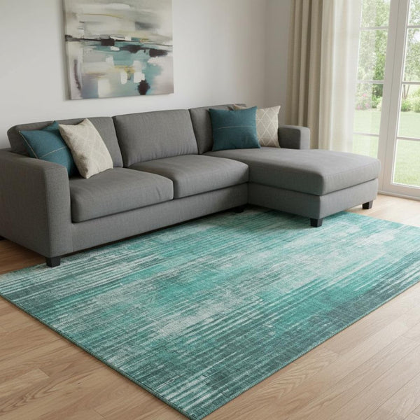 HomeRoots 9' X 12' Teal and Ivory Striped Washable Area Rug – Durable, Stain-Resistant, UV Protected Design! 650277